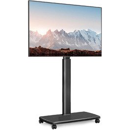 FITUEYES Rolling TV Stand with Wood Shelf - Adjustable Height & Swivel - Fits 32-70 inch TVs (up to 40kg, VESA 400x600) - Black