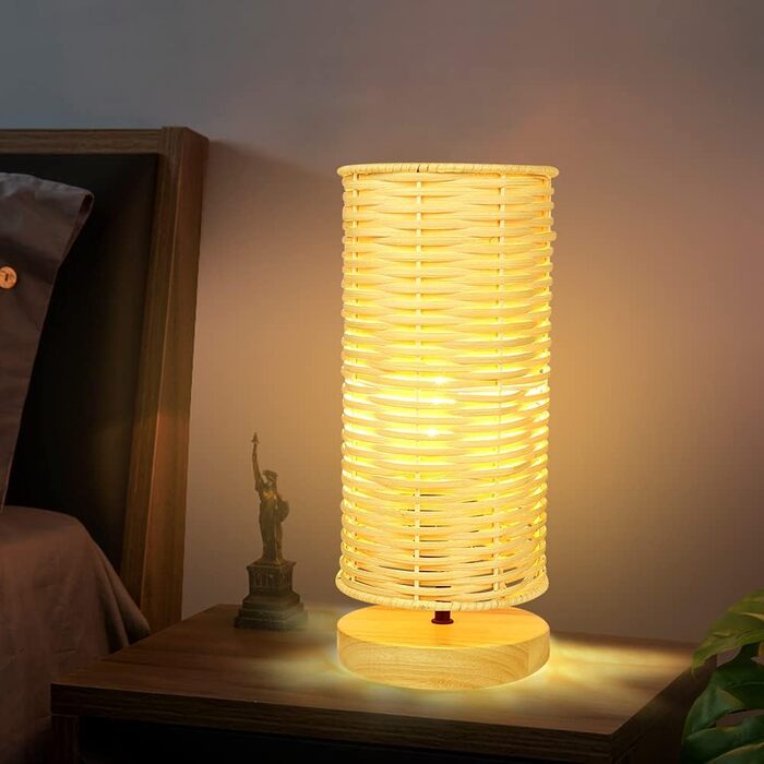 Сучасна LED лампа Depuley на стіл, бамбук та дерево, кругла, з абажуром з ротангу, 60 Вт, патрон E27, нічник, лампа для читання в спальню, дитячу кімнату, з лампою, Rund-1