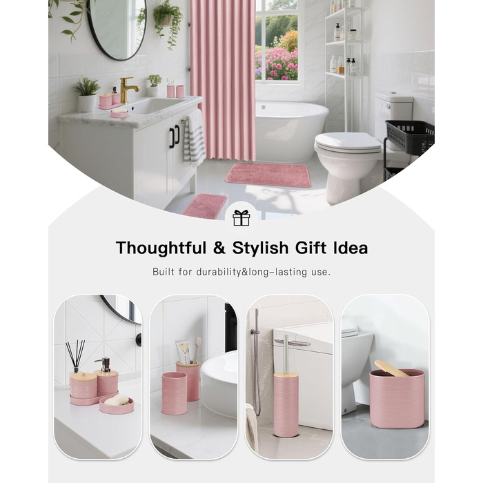 Набір для ванної кімнати IMAVO Pinkes, 26 предметів: аксесуари, душова завіса, килимки, відро, піднос, дозатор мила, мильниця, тримач для зубних щіток, стаканчик для щіток, рожевий