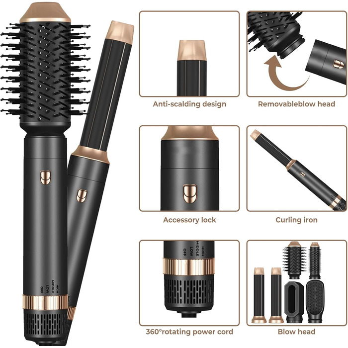 UKLISS Фен-щітка 6 в 1: Локони, об'єм, випрямлення та сушка - 1000W. Набір для створення зачісок з автоматичним завиванням, щітка-фен, круглі щітки, випрямна щітка (Чорний)
