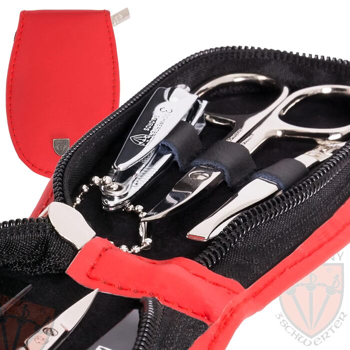 Набір манікюру Drei Schwertter 'Olbia' 6 предметів - нігетюї з натуральної шкіри червоного кольору | Ніж для шкіри, ножиці для нігтів, пінцет скошений, двосторонній інструмент, кусачки для нігтів, напільник з сапфіру червоного кольору - ЕКОШКІРА