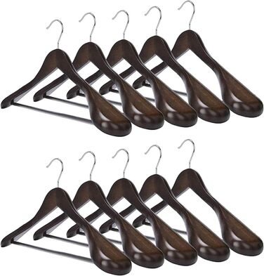 MECOREX Suit Hangers, 10-Piece Set, Solid Wood Clothes Hangers with Extra Wide Shoulders, Non-Slip, for Shirts, Coats, Jackets, Pants, Suits, 360° Swivel Hook (Dark Walnut Color)