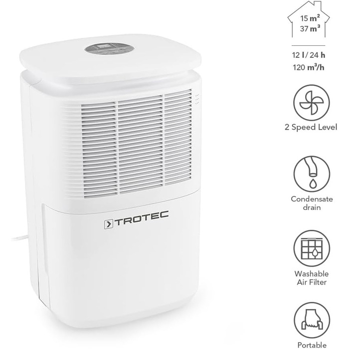Електричний осушувач повітря Trotec TTK 30 E – продуктивність 12 л/день – площа 15 м² / 37 м³ – з автовимкненням