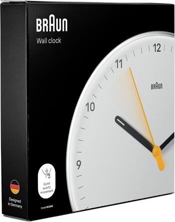 Braun Classic Analog Wall Clock with Silent Quartz Movement, Easy to Read, 23 cm Diameter in White, Model BC26W.