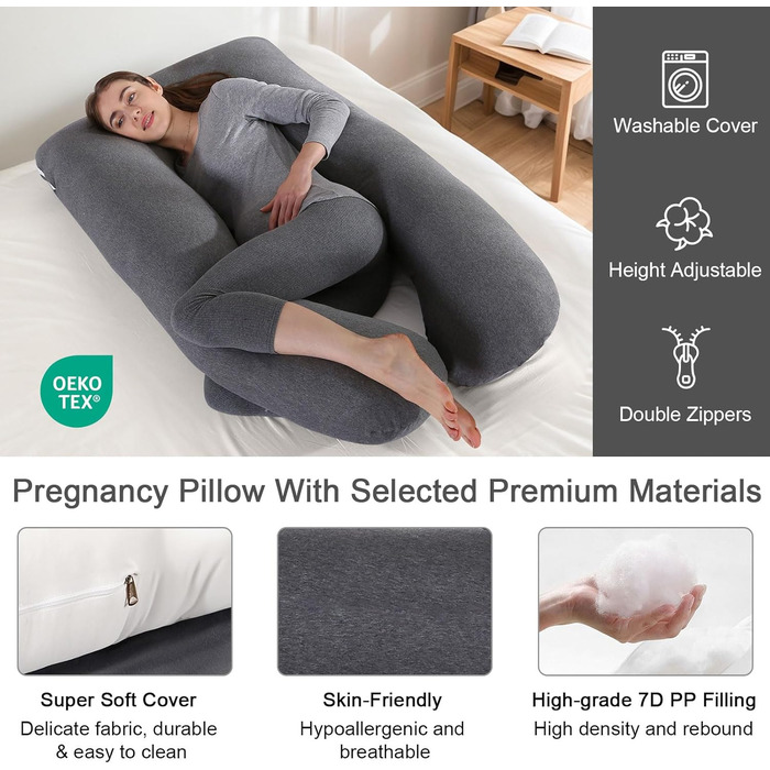 Вагітний подушок U-подібної форми SHANNA, подушка для сну на боці, подушка для годування, бавовняний чохол, велика подушка для підтримки, комфортна подушка для дорослих, подушка для тіла, бавовна, чорний колір, 70 x 145 см