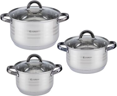 Набір посуду EliteHoff Induktion: 12-ти частинний набір каструль та сковорідок з нержавіючої сталі з кришками та чорними ручками, для всіх типів плит