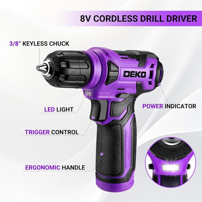 Набір інструментів DEKO 126-tlg. з акумуляторною дрилем: кейс, ящик, професійний набір для дому, офісу та саду, фіолетовий