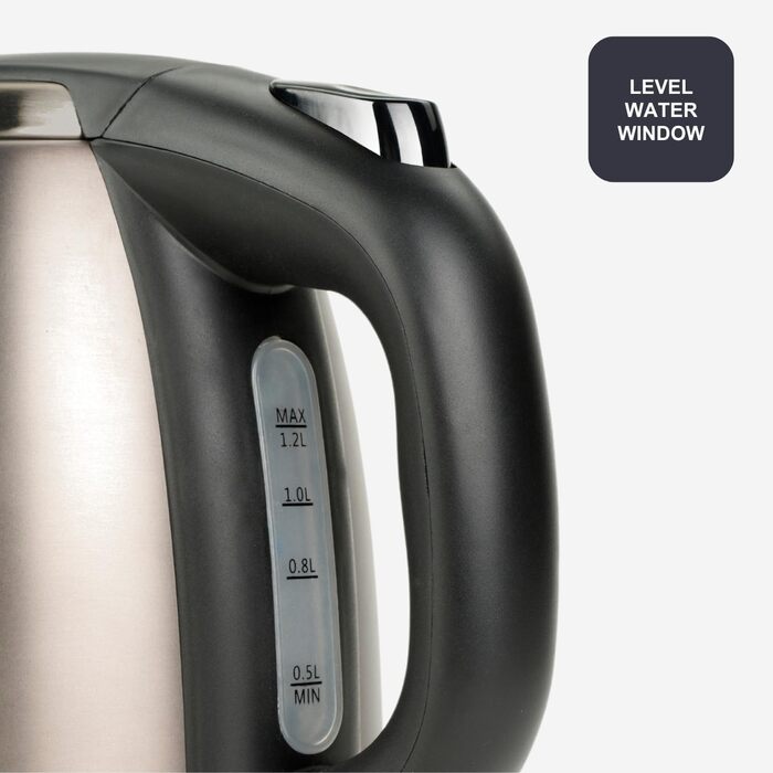 Електричний чайник BLACK+DECKER BXKE2202E, 1.2L, 2200W, нержавіюча сталь, поворотна база 360°, автоматичне відключення, індикатор рівня води, ергономічна ручка, для лівшів
