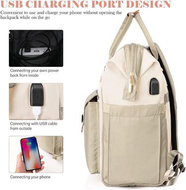 Жіночий рюкзак для ноутбука 15.6 дюймів, шкільний/робочий рюкзак з USB-портом для зарядки, для подорожей, кемпінгу, дівчатам, Оксфорд (Бежевий)