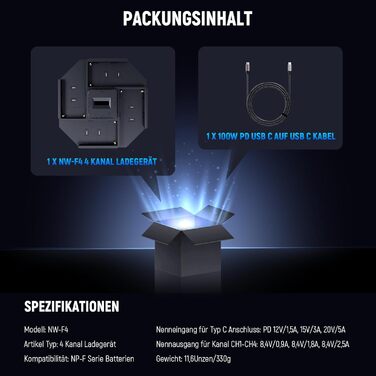 Зарядний пристрій NEEWER NP-F970 з 4 каналами для акумуляторів NP-F550/NP-F750, 100W PD, OLED дисплей, USB-C кабель