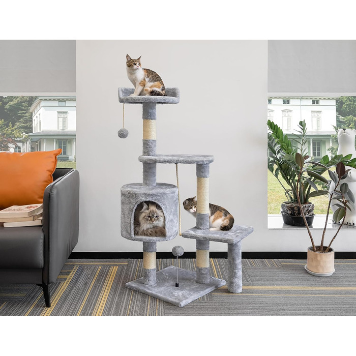 Котячий будиночок Kratzbaum 112 см з дряпальною колоною та платформою, сірий