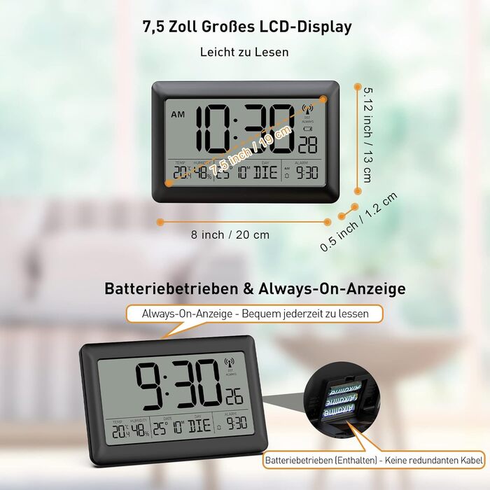 LATEC Wall Clock Digital, Digital Wall Clock with Temperature and Humidity Display, Radio Clock Digital with Backlight, Date, Day of the Week, Large, 20 x 13 x 1.2 cm (with batteries)