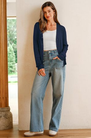 Жакет Arach&Cloz з вовняної суміші, в'язаний, V-подібний виріз, елегантний кардиган, короткий рукав, з ґудзиками, повсякденний топ (A-navy, XXL)