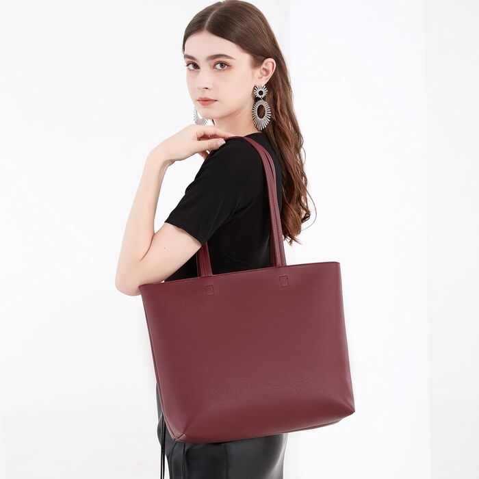 Жіноча сумка-шопер Tote Bag з PU шкіри для роботи, школи, покупок. Бордова. З блискавкою та внутрішніми кишенями