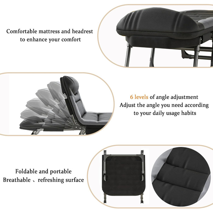 Розкладне ліжко-спальник для кемпінгу з матрацом, регульована спинка, ліжко-карп, ліжко для відпочинку на природі XXL, 65x190x30 см, односпальне розкладне ліжко для гостей, 1 шт.