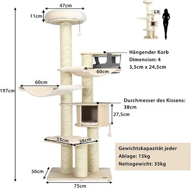 Дерев'яний кігтеточки для котів Costway 7-ярусний, 197 см з гамаком, будиночком та кошиком, товщина стовпів 15 см, бежевий