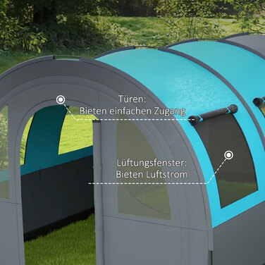 Намет Outsunny Tunnelzelt Campingzelt для 6 осіб з 2 кімнатами та гачками для ліхтариків, груповий намет з сумкою для перенесення, водовідштовхування 3000 мм, сімейний намет сірого кольору
