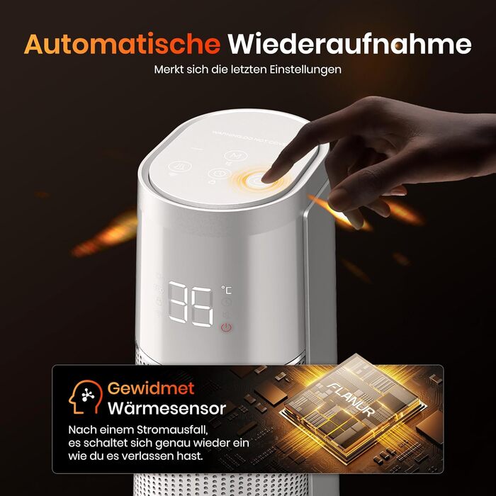 Електричний обігрівач PTC 2000W з термостатом та дистанційним керуванням, тихий, з осциляцією 70°, таймером 12h, захистом від перегріву та нахилу, чорний, 1 шт. (74 см, сріблястий)