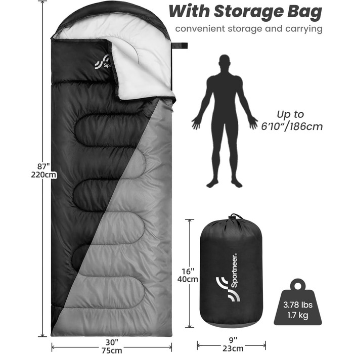 Сплячий мішок Outdoor Sportneer для дорослих та дітей - легкий спальний мішок для кемпінгу, походів та рюкзакових подорожей 220x75 см, чорний+сірий