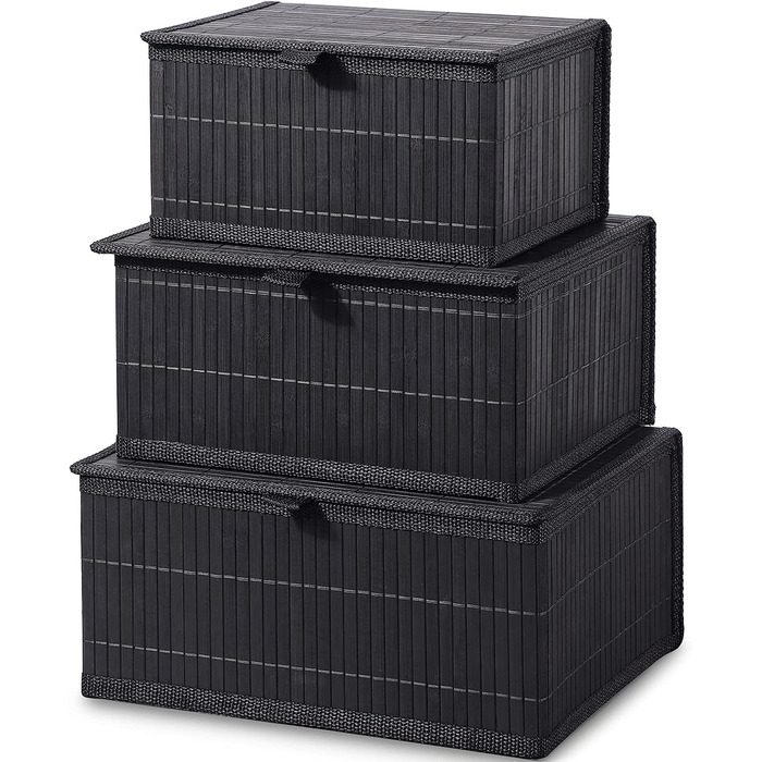Honeycomb Storage Basket with Lid, Woven - Bamboo Decor Storage Boxes, Set of 3 Rattan Basket with Lid Woven Fabric Insert for Bathroom Kitchen Shelf Organization (Large/Medium/Small) (Black Box)