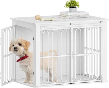 Дерев'яний вольєр для собак, 81 см, переноска для собак, клітка з 2 дверцятами, розсувні двері, для маленьких та середніх собак, міцний, з функцією столику, 81 × 55 × 62,4 см, білий