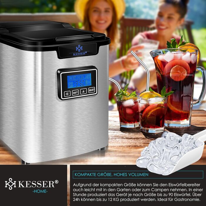 Машина для приготування льоду KESSER® з нержавіючої сталі, 150W, 12 кг/24 год, 3 розміри кубиків, таймер, LCD-дисплей, аксесуари