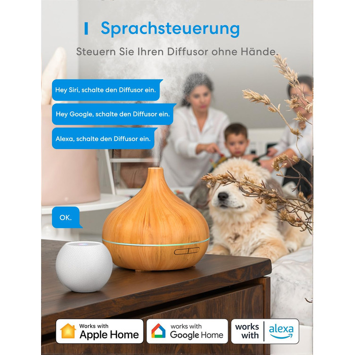 Розумний аромадифузор Meross Mini | 400 мл, RGB, керування через додаток та голосові помічники | Ультразвуковий зволожувач повітря | Сумісний з Apple Home, Alexa, Google Home