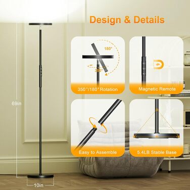 LED торшер, 42W, 16 мільйонів кольорів RGBCW, WiFi, керування через Alexa/Google Home, синхронізація з музикою, регульована яскравість, двосторонній, для вітальні та спальні (RGB-36W)