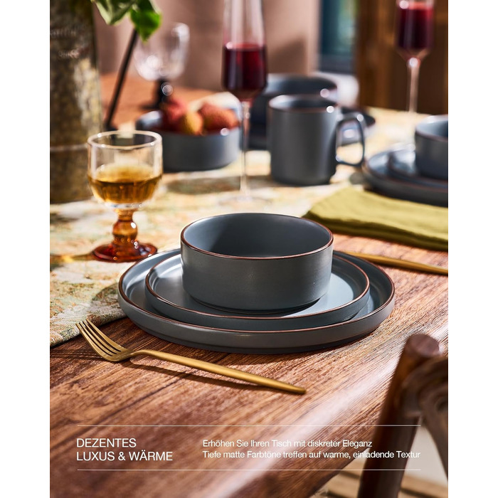 Набір посуду Mercury, 12 предметів: тарілки для 4 осіб (тарілки для їжі, десертні тарілки, миски для каші), з каменю, підходить для мікрохвильової печі та миття в посудомийній машині, колір: вугільно-сірий