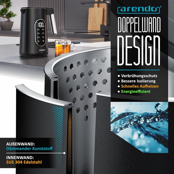 Електричний чайник Arendo з регулюванням температури, нержавіюча сталь, подвійні стінки Cool Touch, дисплей, бездротовий, 2200 Вт, 1,7 л, захист від перегріву, функція підтримання тепла, чорний