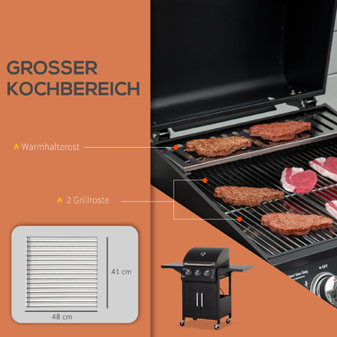 Газовий гриль Outsunny BBQ з 3 пальниками, 3 кВт, мобільний гриль-візок на колесах, сітчаста решітка для гриля, бічні столики, редуктор, шланги, 121 x 55 x 109 см | Aosom