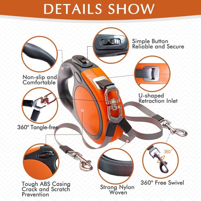KOOLTAIL Подвійна висувна повідка для собак на двох, до 50 кг, міцна, 5 м, обертається на 360°, без спутанності, з кнопкою блокування, помаранчевий