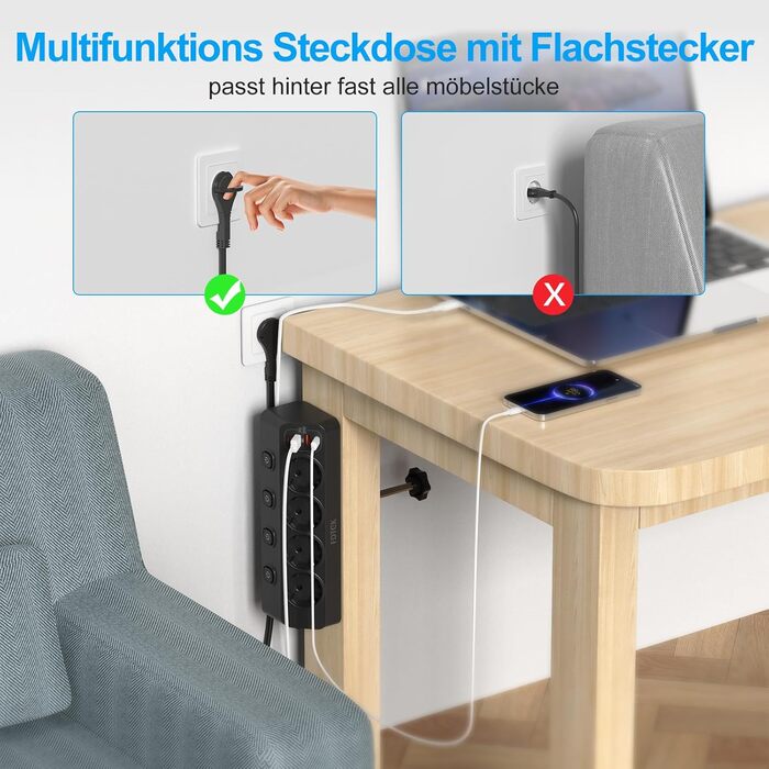 Мережевий адаптер PD 20W з плоским штеплером, розетка FDTEK 4-портова з індивідуальним вимикачем, 4000W, 16A, USB-C, розетка для столу з вимикачем, настільна розетка з кріпленням на стіну, кабель 2м (Чорний з кріпильною пластиною)