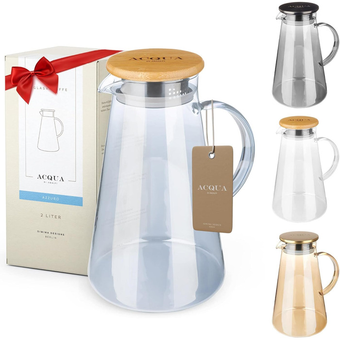 ACQUA DI AMALFI® Glass Carafe | Water Carafe 2 Liter with Stainless Steel/Bamboo Lid | Water Jug with Fruit Infuser | Leak-Proof | Carafe also as a Teapot (BLUE/BAMBOO)