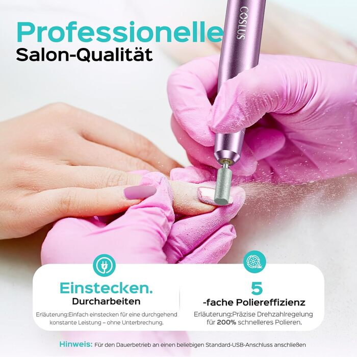 Електричний фрезер для нігтів Coslus: 20000 об/хв, регулювання швидкості та напрямку, манікюр та педикюр, набір для шліфування гелю та акрилу (фіолетовий)