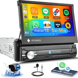 Автомагнітола 1 Din RDS Android 13 з Bluetooth, 7'' висувний екран, GPS навігація, Wi-Fi, Mirror Link, FM/RDS, Dual USB, швидка зарядка, керування на кермі, камера заднього виду, CarPlay 2ГБ+64ГБ
