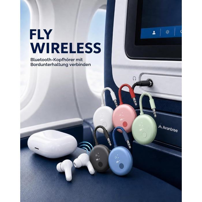Bluetooth-адаптер для літака Avantree SoundJet R1 для AirPods та бездротових навушників, 25 годин роботи (набір з 7 шт, 5 кольорів)