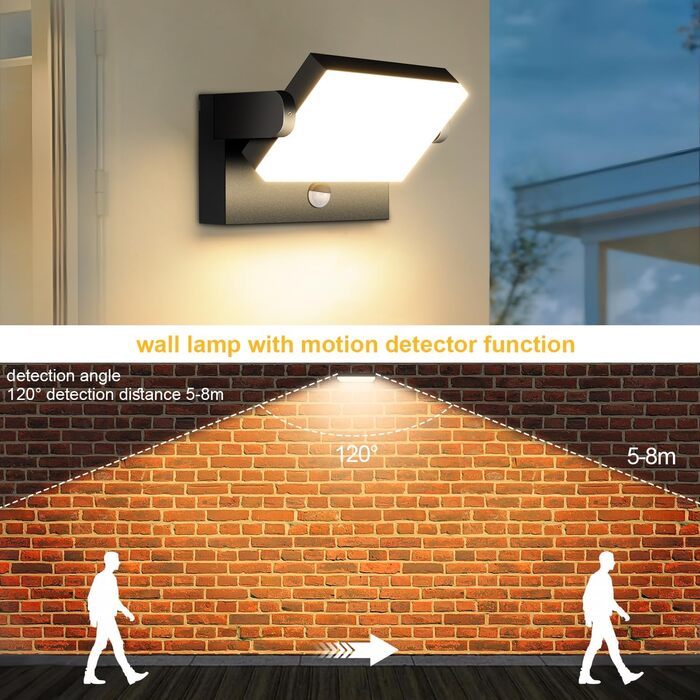 Зовнішня LED-стінна лампа Kingwen 40W, 3000K, поворотна на 360°, IP65, чорна. Підходить для вулиці та приміщення, для гаража, тераси. Тепле біле світло.
