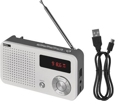 Портативне радіо EMOS з MP3-плеєром та акумулятором, FM радіоприймач, USB-C, Micro SD, білий/сірий