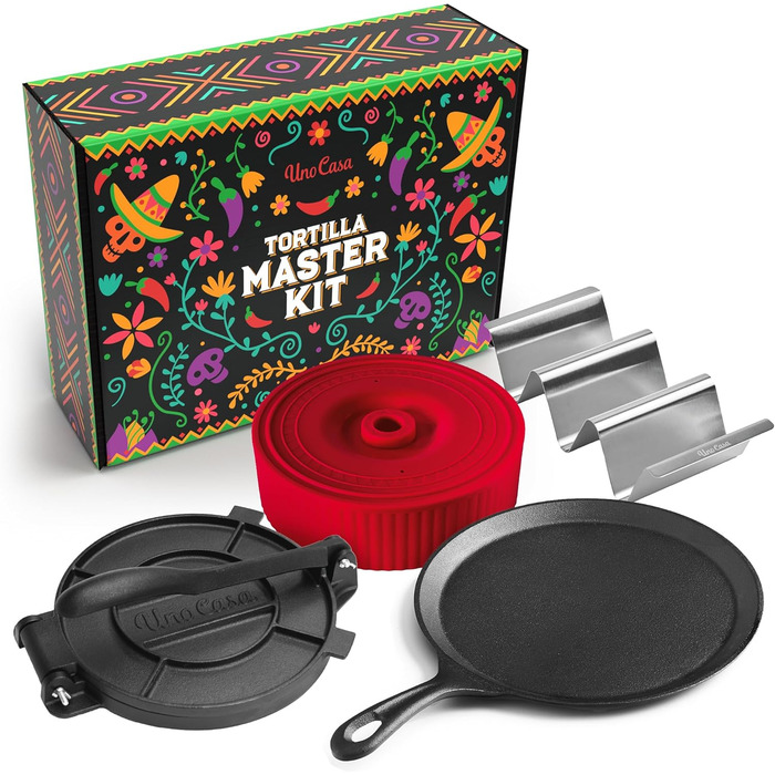 Uno Casa Cast Iron Tortilla Press Kit - Taco & Roti Maker with 100 Sheets of Baking Paper - Versatile Kitchen Gadget for Tortillas, Roti, Dosas, and Dumplings