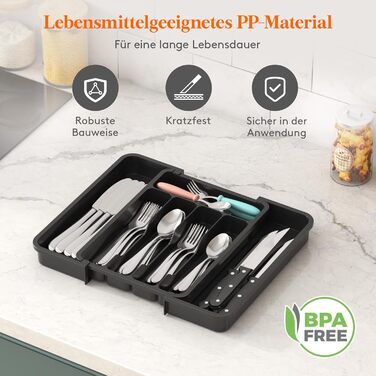 Lifewit 2 Pack Cutlery Box, Adjustable Width from 23 to 37 cm Cutlery Insert for Drawers, 5 to 7 Compartments Drawer Cutlery Organizer for Kitchen, Small Cutlery Holder for Spoons/Forks, Black