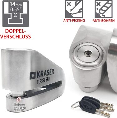 Замок на гальмівний диск KRASER KR114S для мотоцикла з сертифікатом SRA, протиугінний, подвійний замок 14 мм, 3 ключі, нагадувальний кабель, нержавіюча сталь