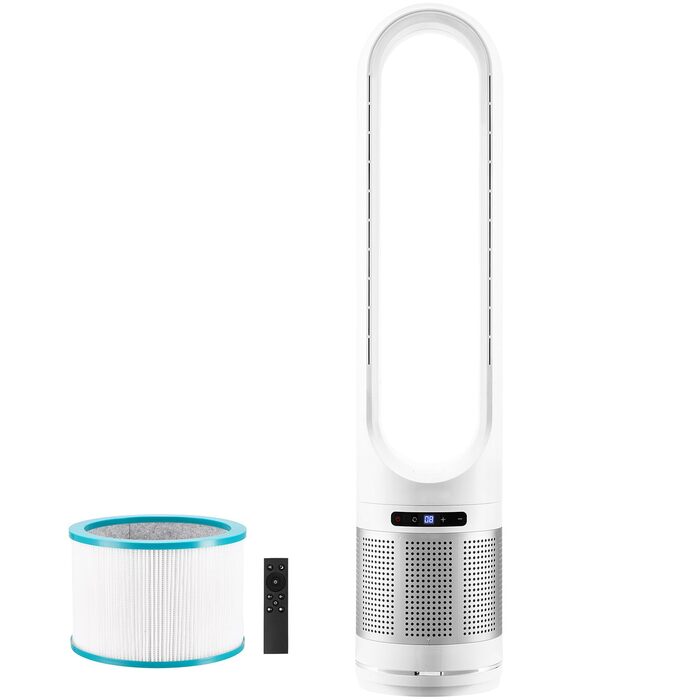 Турбо-вентилятор VEVOR без лопатей з HEPA-фільтром, 4.7 м/с, 8 швидкостей, осциляція 80°, таймер 8 годин, пульт ДК, режим очищення повітря