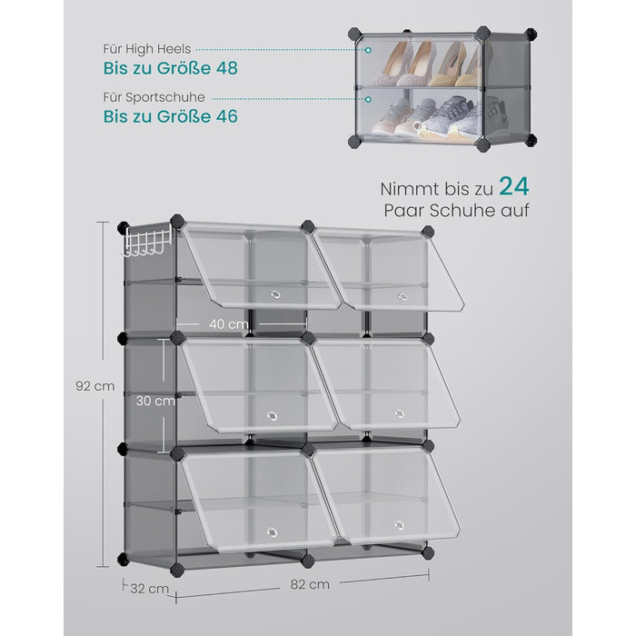SONGMICS 10-Tier Shoe Rack, Shoe Cabinet, 30 x 40 x 30 cm per compartment, narrow, with doors, steel frame, plastic, for hallway, bedroom, entryway, LPC035B01 (6 compartments (83B x 94H cm), Slate Grey)