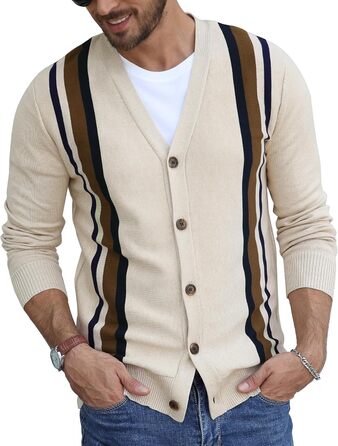 Чоловіча в'язана кофта NITAGUT з вінтажним смугастим дизайном, довгі рукави, V-подібний виріз, ґудзики (L, Смугаста, Бежево-коричнева)