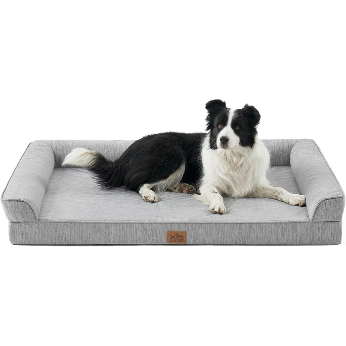 Ортопедичне ліжко для собак середніх порід COZY KISS знімний, пральний чохол – ліжко-диван з підтримуючого піноматеріалу з водонепроникними боковинами та неслизьким дном, сріблясто-сірий колір (XL(122x81x19см))