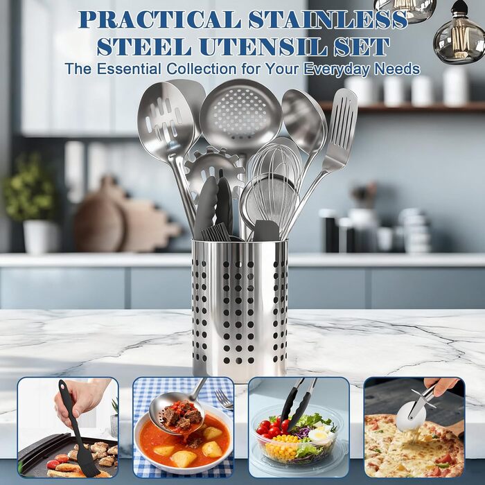 Набір кухонних аксесуарів BEWOS 15 предметів: ложки, шпателі, органайзер, нержавіюча сталь, для кухні