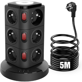 Багаторозеткова мережева станція Acodot Tower з USB, 12 розеток, захист від перенапруги, 4 вимикачі, нічник, 3 USB-порти, кабель 3м, 2500W, для офісу, білий/чорний