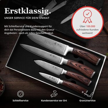 Набір кухонних ножів Wakoli EDIB Damast 4 шт. з 67 шарів дамаської сталі (VG10) з дерев'яною ручкою. Включає: Сантоку, Офісний ніж, Ніж для м'яса. У подарунковій коробці (без гравіювання, без підставки)