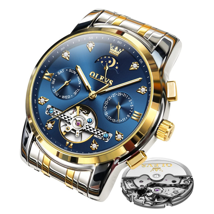 Чоловічий наручний годинник OLEVS 6678: водонепроникний хронограф із кварцовим механізмом, сталевий корпус, підсвічування циферблата, синій/золотий/сріблястий